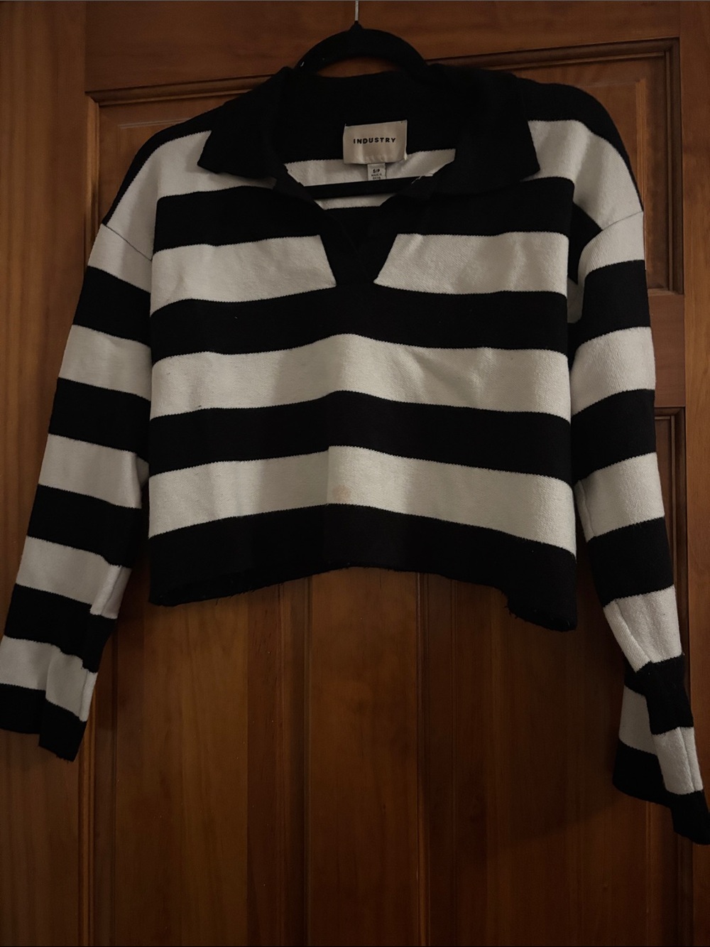 INDUSTRY Black & White Striped V-Neck Polo Sweater